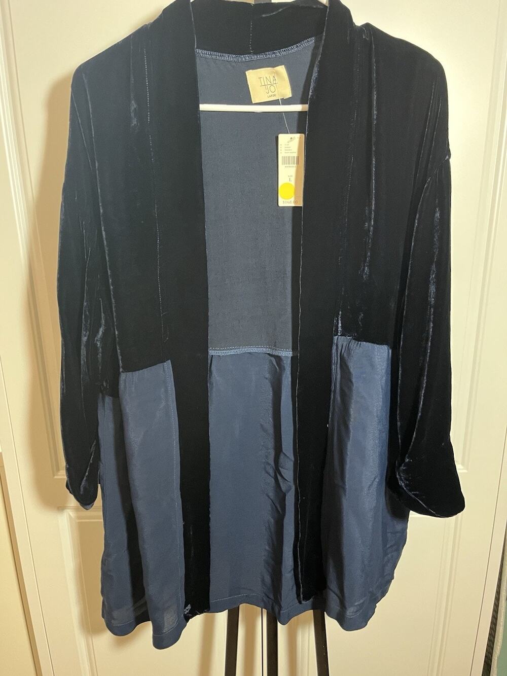 Tina Jo Rayon Silk Velvet Look Navy Cardigan NWT Size Large Beautiful